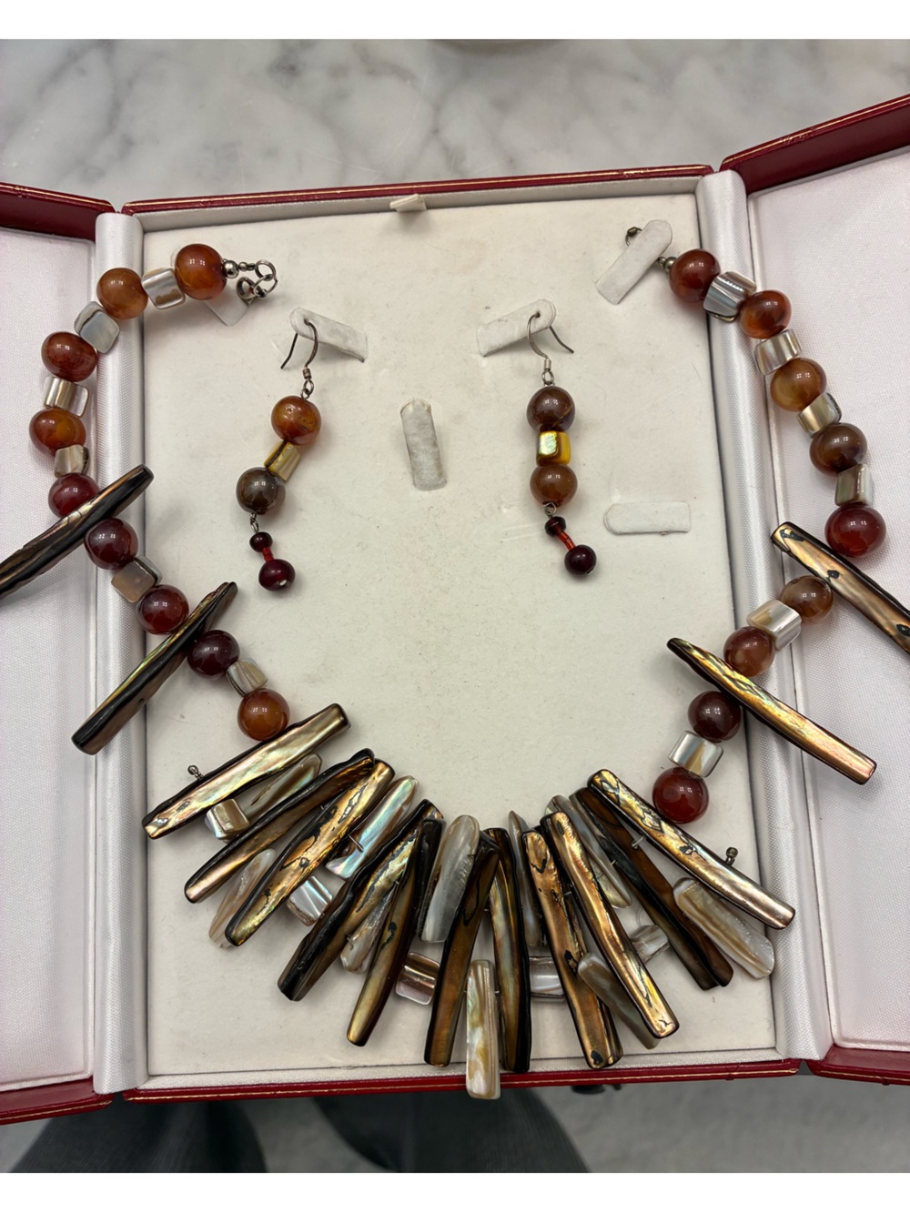 Handcrafted Brown Shell & Bead Necklace with Matching Earrings